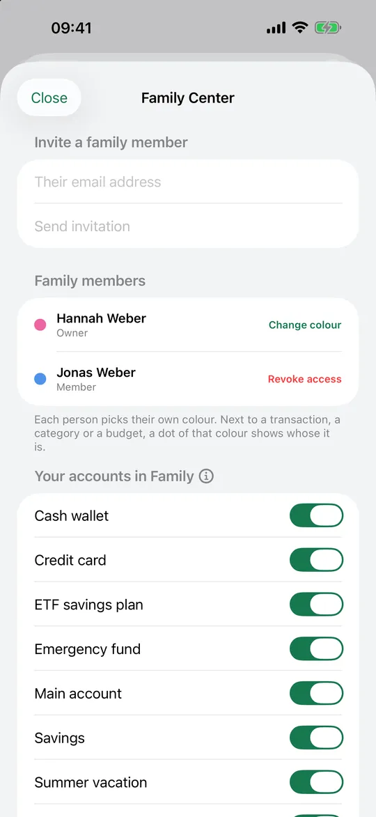 Family Center listing two members, each with their own colour, and the accounts shared with the household.
