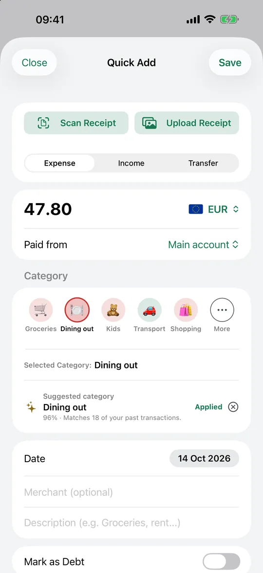 Quick Add with an amount, the suggested category Dining out and the Scan Receipt and Upload Receipt buttons.