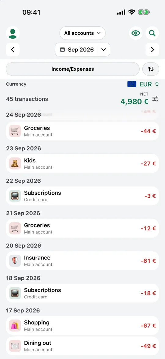 The transactions list with category icons and amounts.